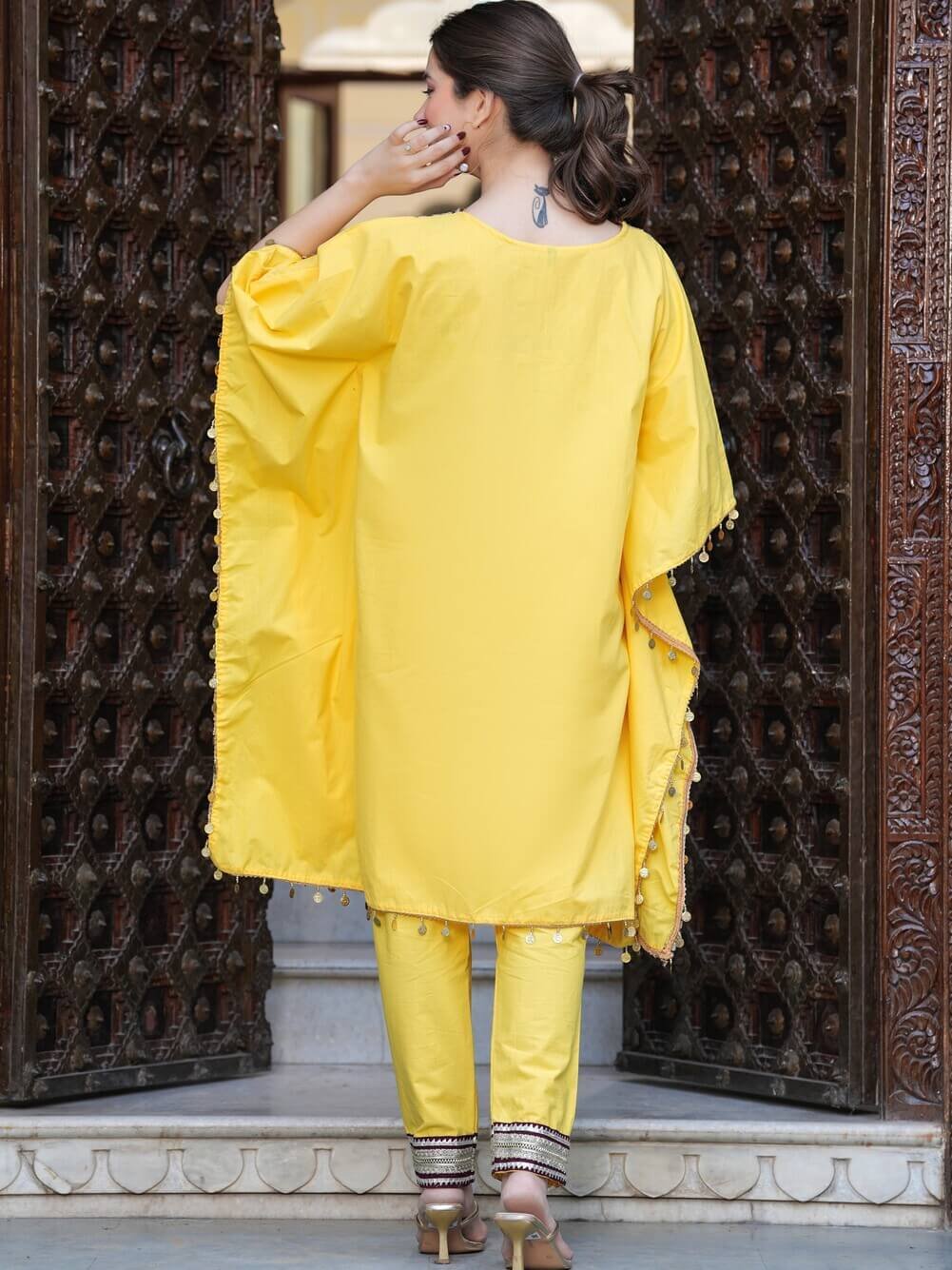 Look Stylish in a Yellow Cotton Poplin Kaftan Set with Lace Details image 4
