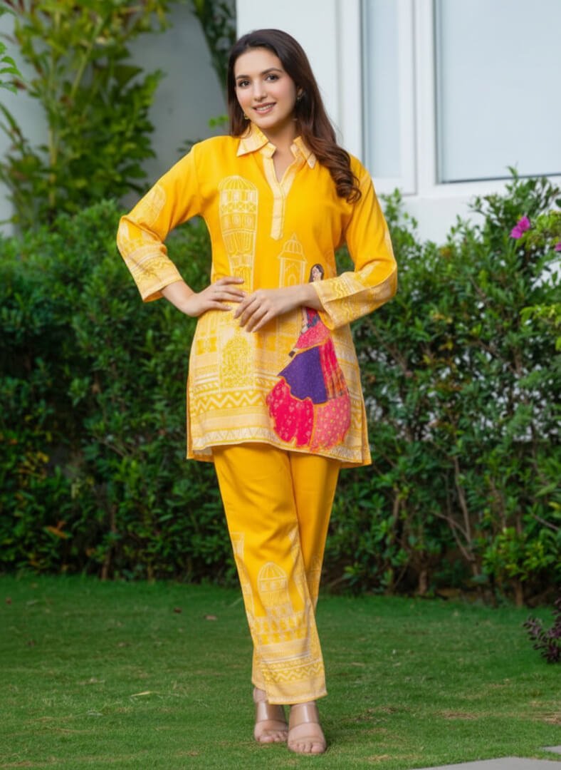 Get Ready to Shine with the Yellow Abstract Printed Muslin Silk Co-ord Set