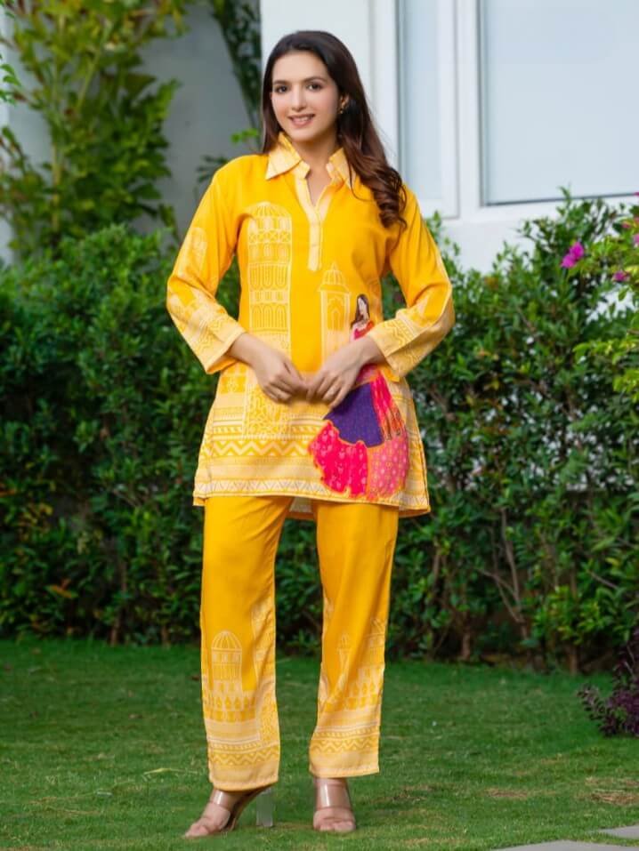 Get Ready to Shine with the Yellow Abstract Printed Muslin Silk Co-ord Set image 2
